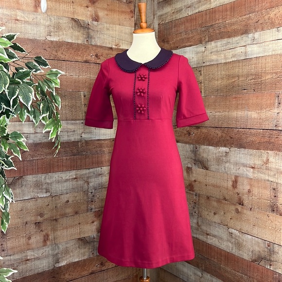 Boden | Dresses | Boden Burgundy Blue Colette Peter Pan Collar Zipper Back  Flower Appliqu Sz 2 | Poshmark